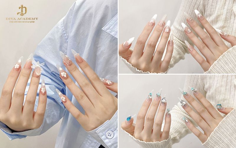 Mẫu nail cô dâu đính charm xinh xắn được học viên thể hiện